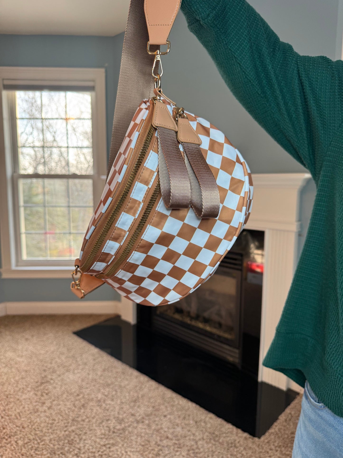The Roni Nylon Crossbody - Checkered Camel