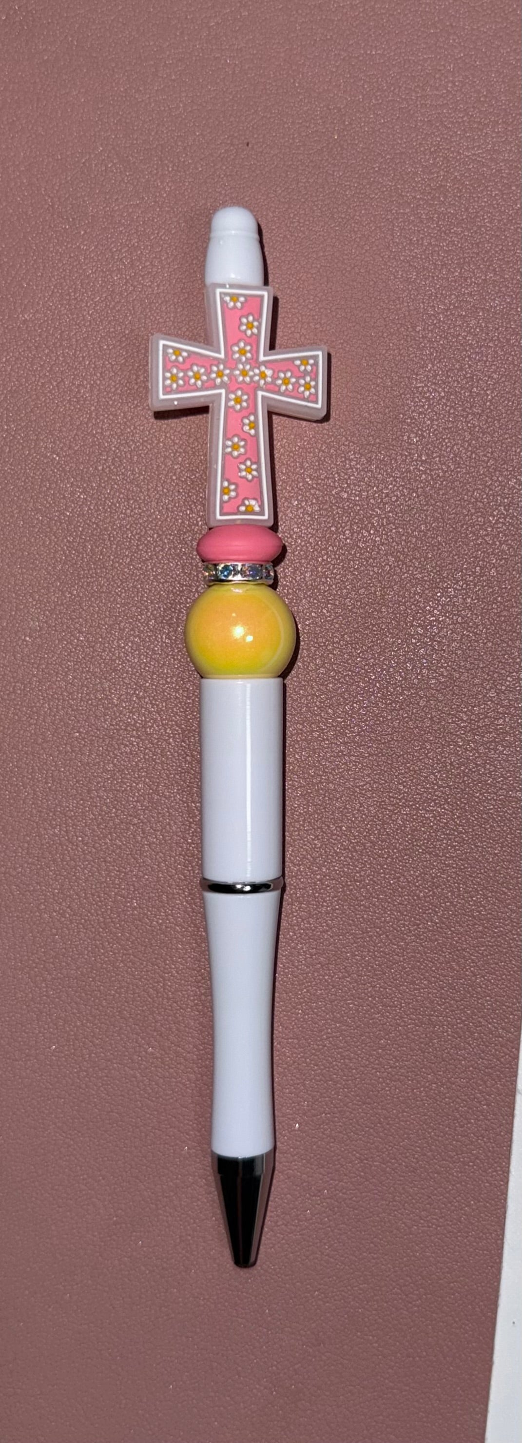 white pen with pink cross premade pen