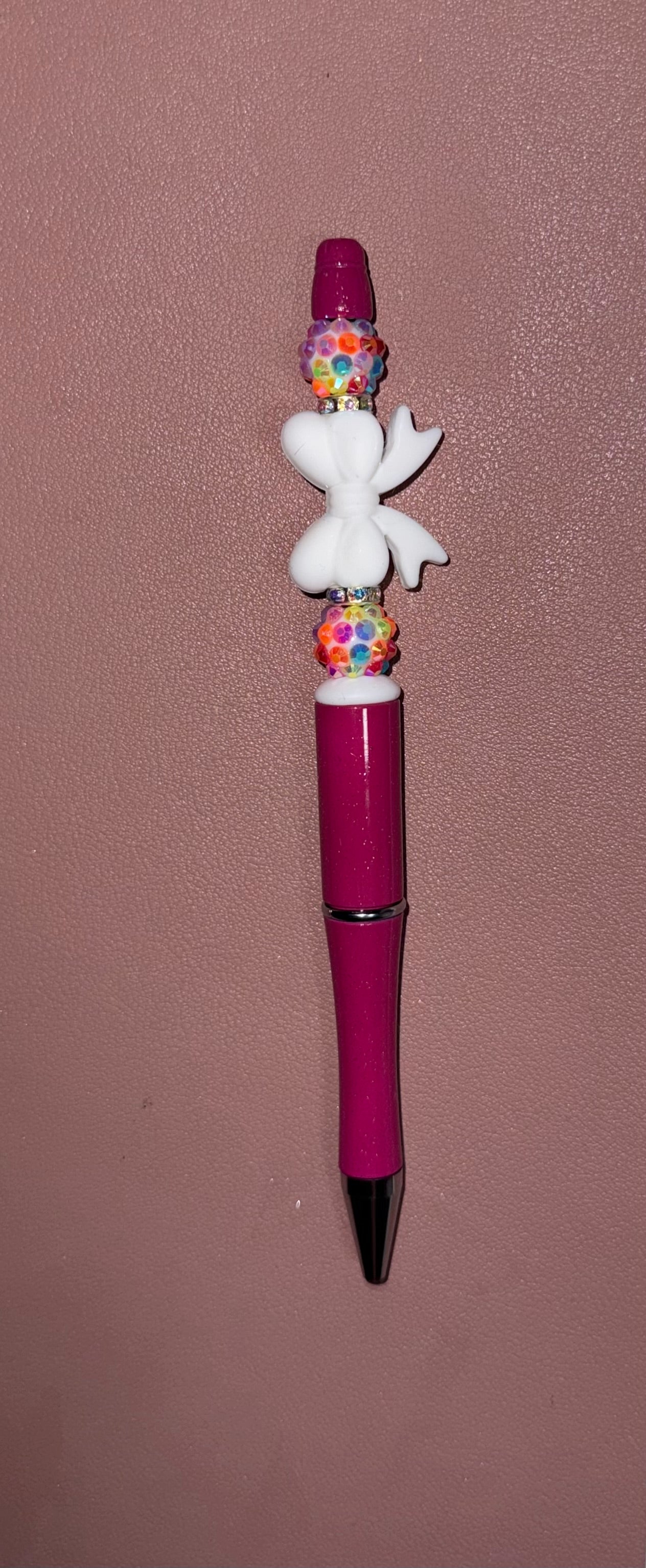 pink pen, white bow, multi color beads premade pen