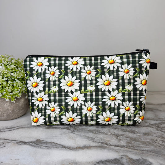 Pouch - Floral Green Olive Gingham Daisy