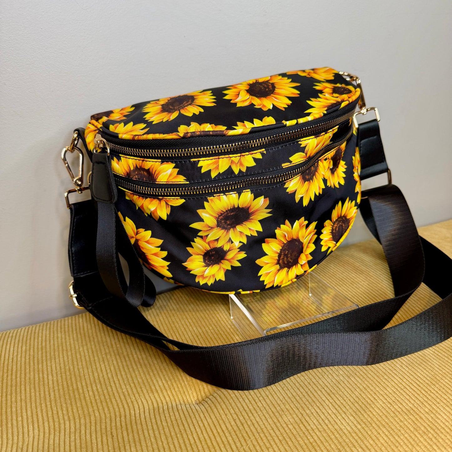 The Roni Nylon Crossbody - Floral Yellow Sunflower on Black