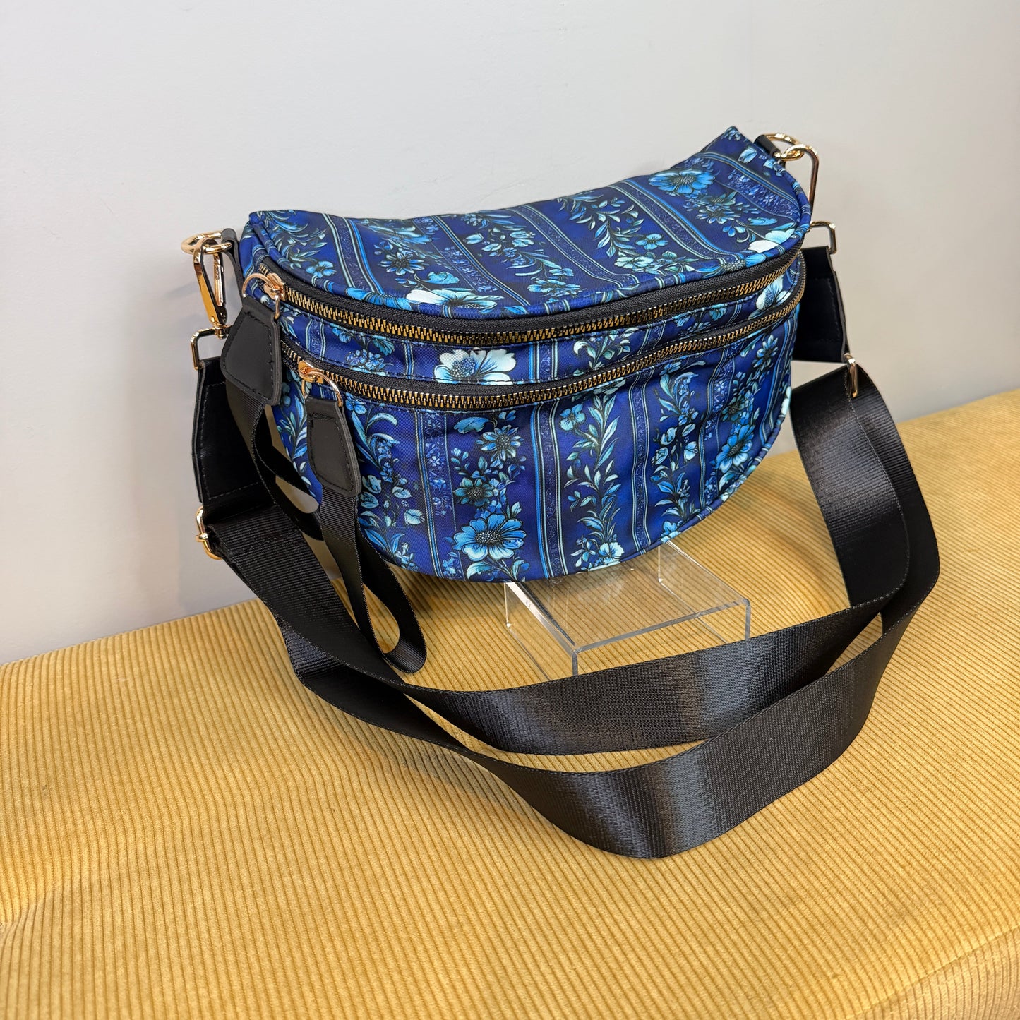 The Roni Nylon Crossbody - Blue Stripe Floral