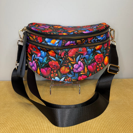 The Roni Nylon Crossbody - Floral Bright Red Blue on Black