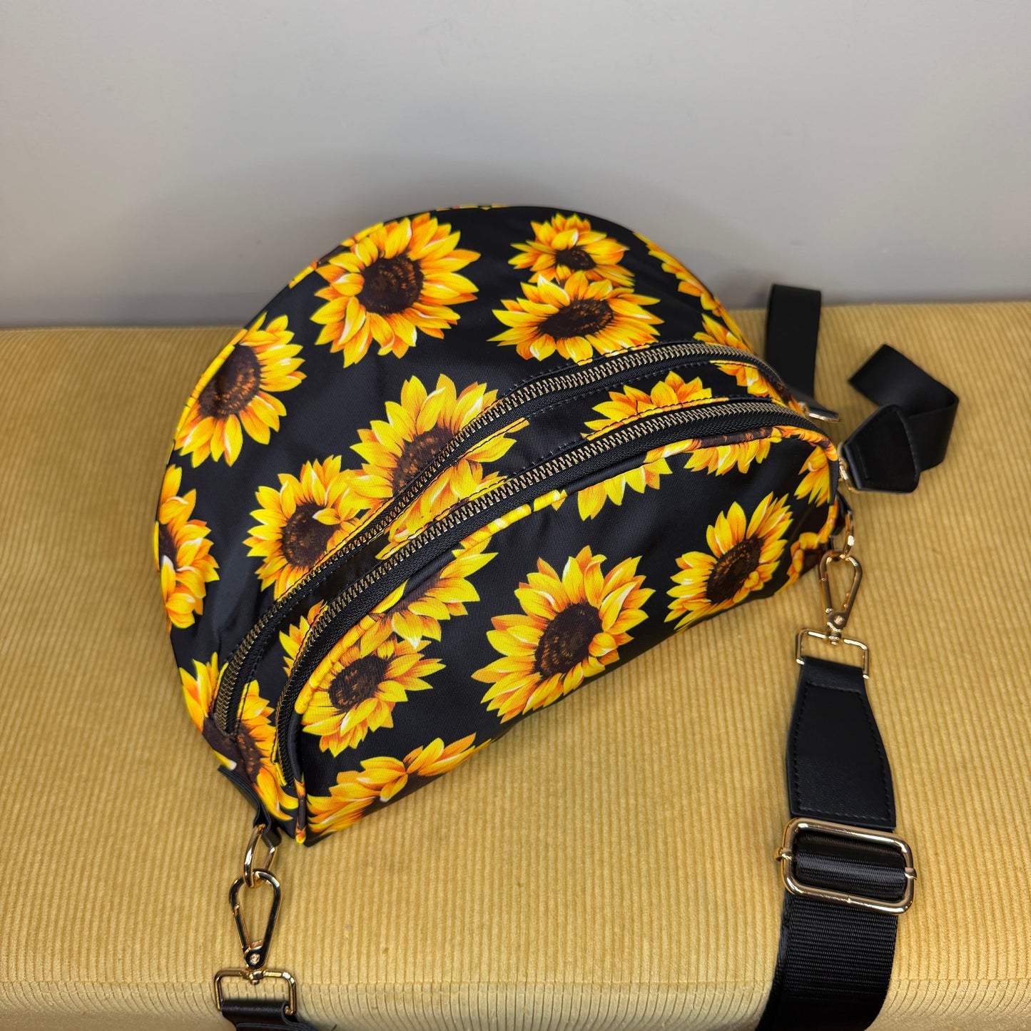 The Roni Nylon Crossbody - Floral Yellow Sunflower on Black