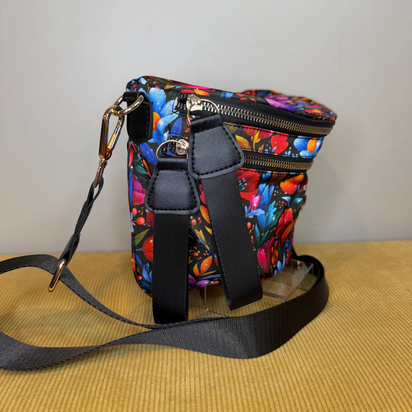 The Roni Nylon Crossbody - Floral Bright Red Blue on Black
