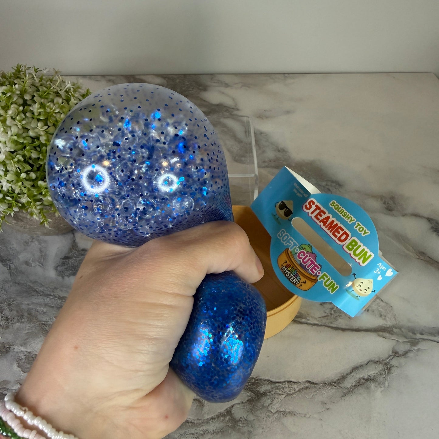 Squishy Toy - Viral Dumpling, Blue Glitter + Water Beads