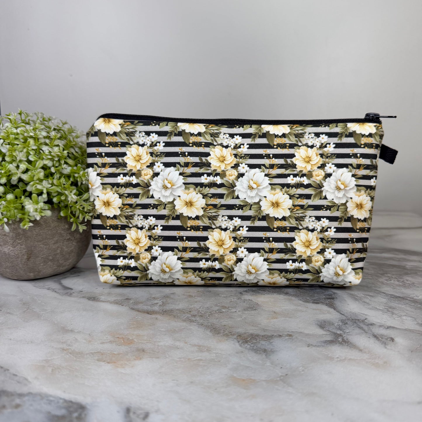 Pouch - Floral Black Grey Stripe