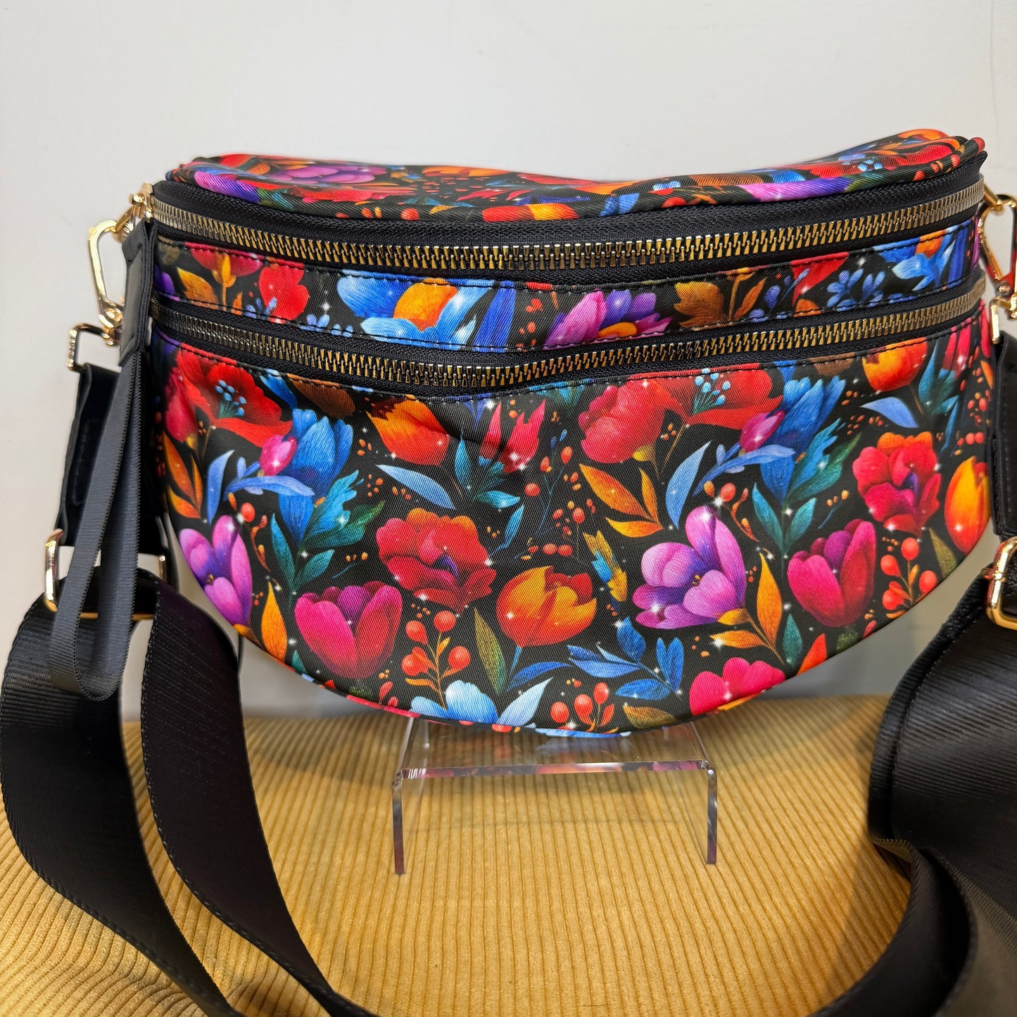 The Roni Nylon Crossbody - Floral Bright Red Blue on Black