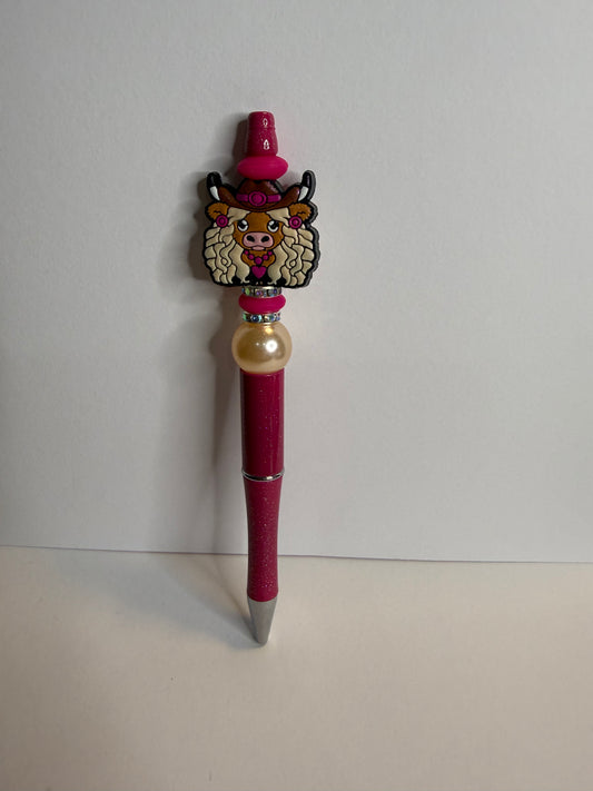 Pink cow with hat premade pen