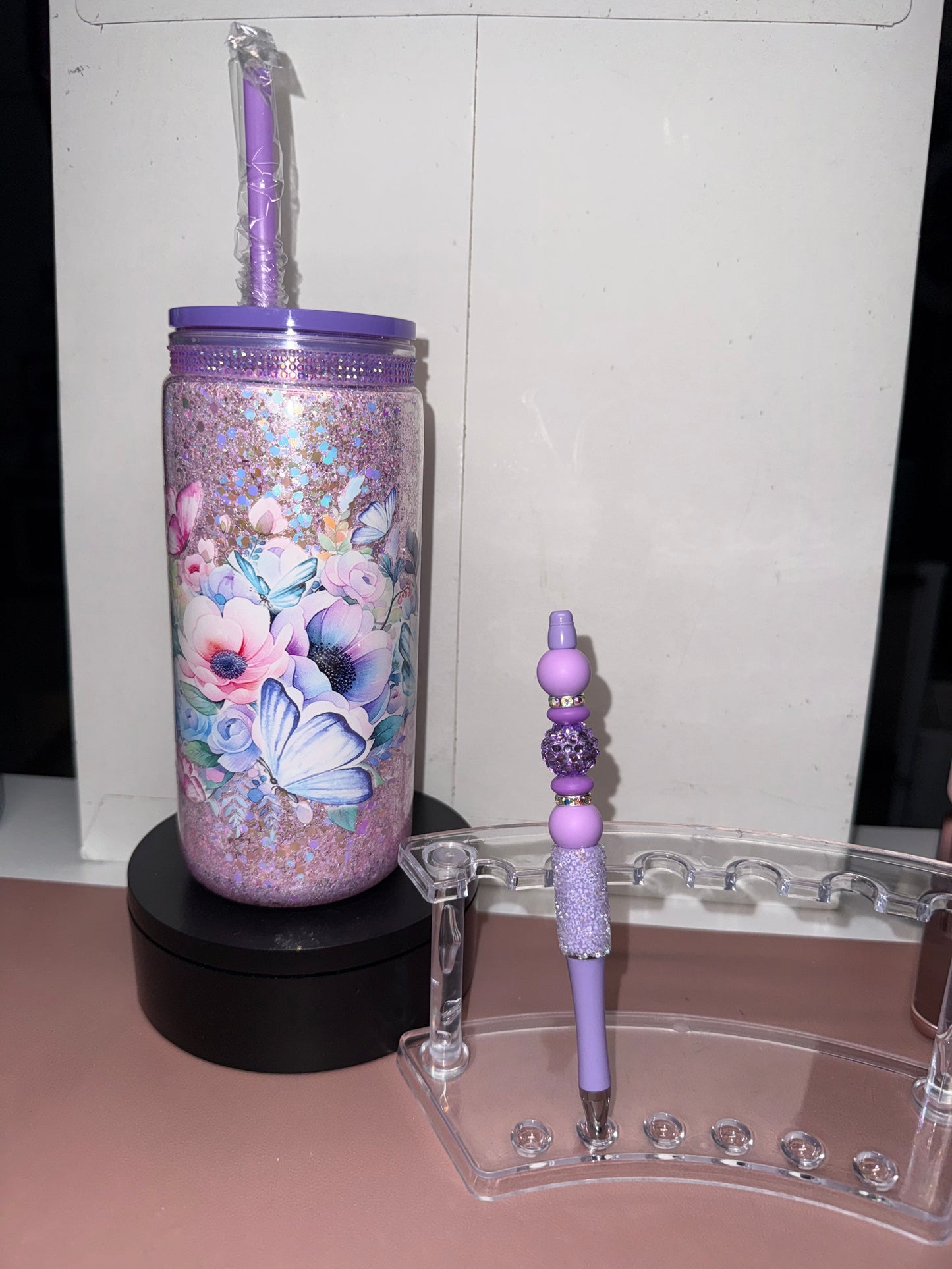Lavender Butterfly Floral Cup with Lavender Pen Set