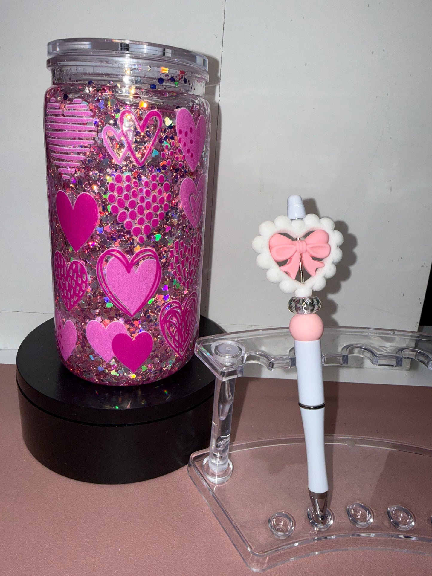 Pink Hearts Cup and Heart Bow Pen Set