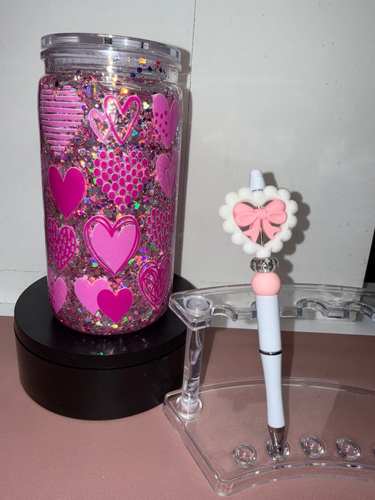 Pink Hearts Cup and Heart Bow Pen Set