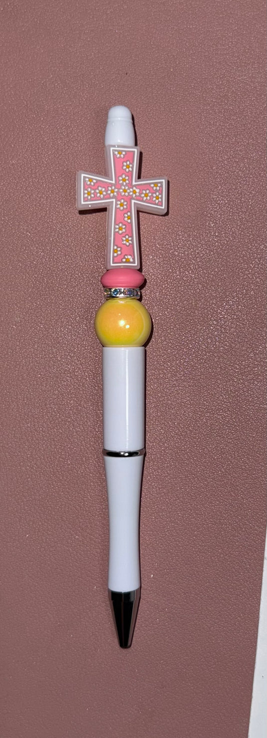 white pen with pink cross premade pen