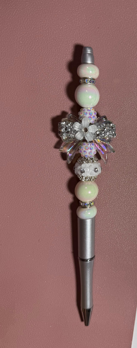 silver and white bow bling premade pen