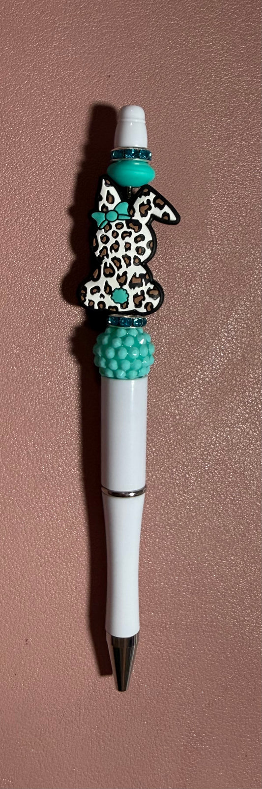 white and turquoise bunny premade pen
