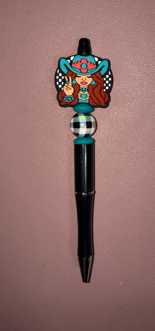 black pen with peace cowgirl premade pen